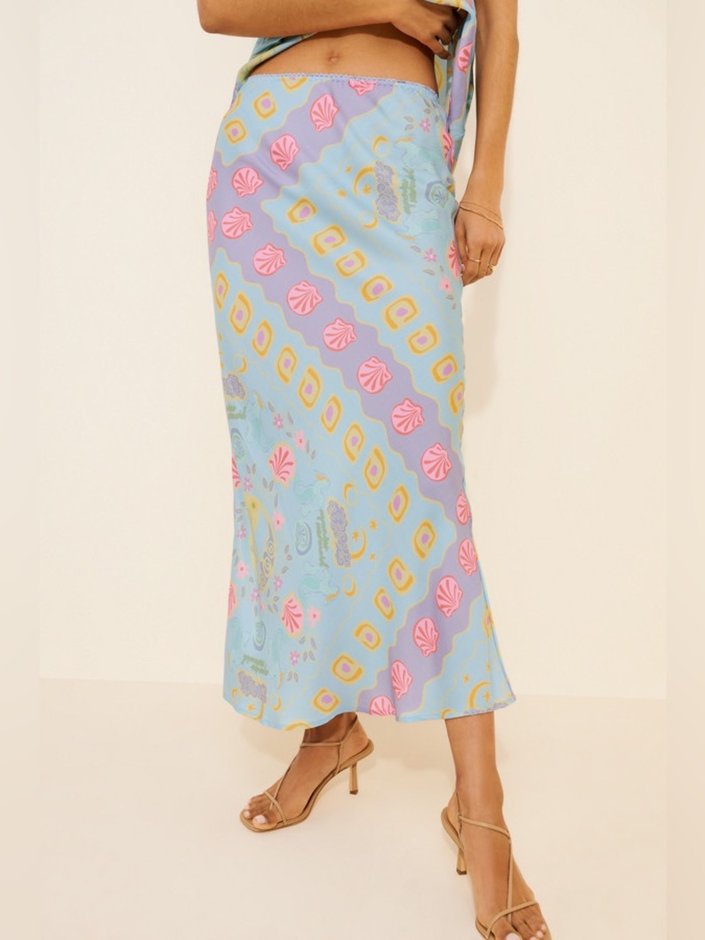 Spell Aquarius Bias Maxi Skirt Medium Blue Ocean Seashell Floral